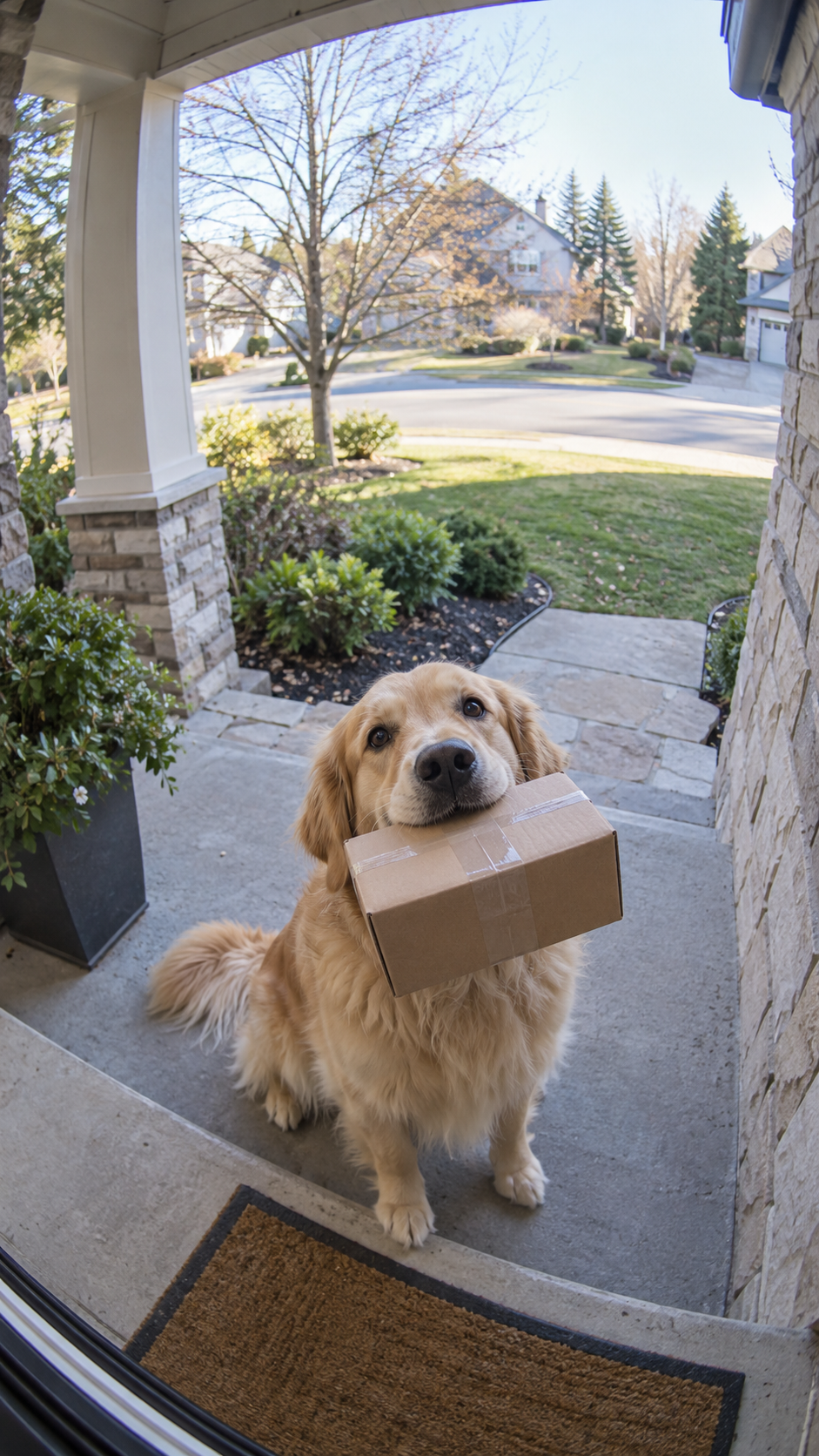 Illustrative door camera view of a dog carrying a parcel