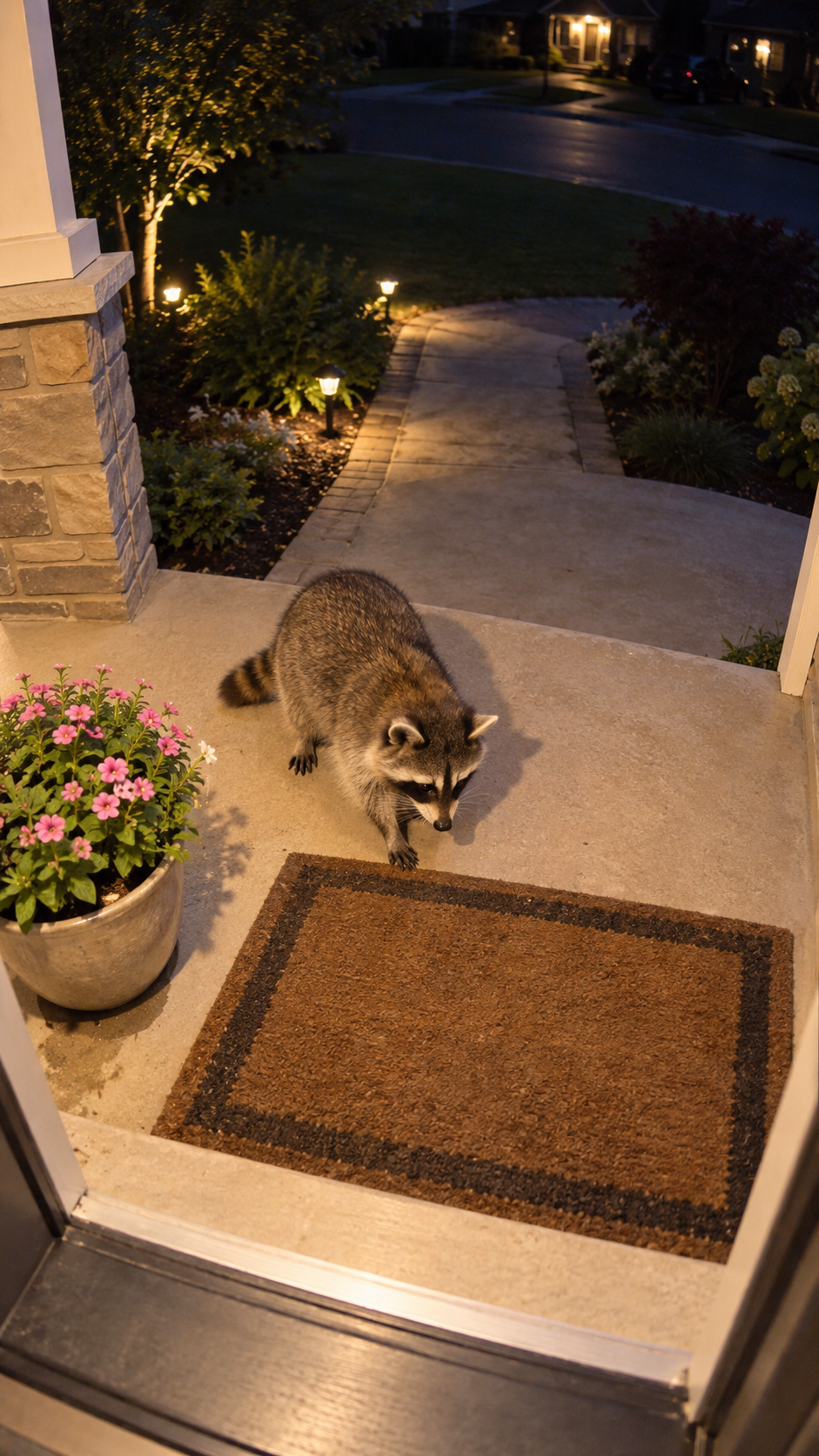 Illustrative door camera view of a raccoon visiting at night