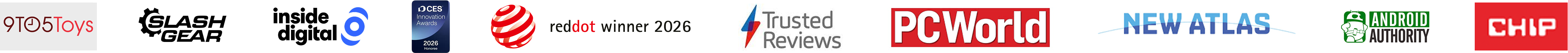 9to5Toys, SlashGear, inside digital, CES Innovatiouns-Auszeechnungen, Red Dot Gewënner 2026, Trusted Reviews, PCWorld, New Atlas, Android Authority an CHIP
